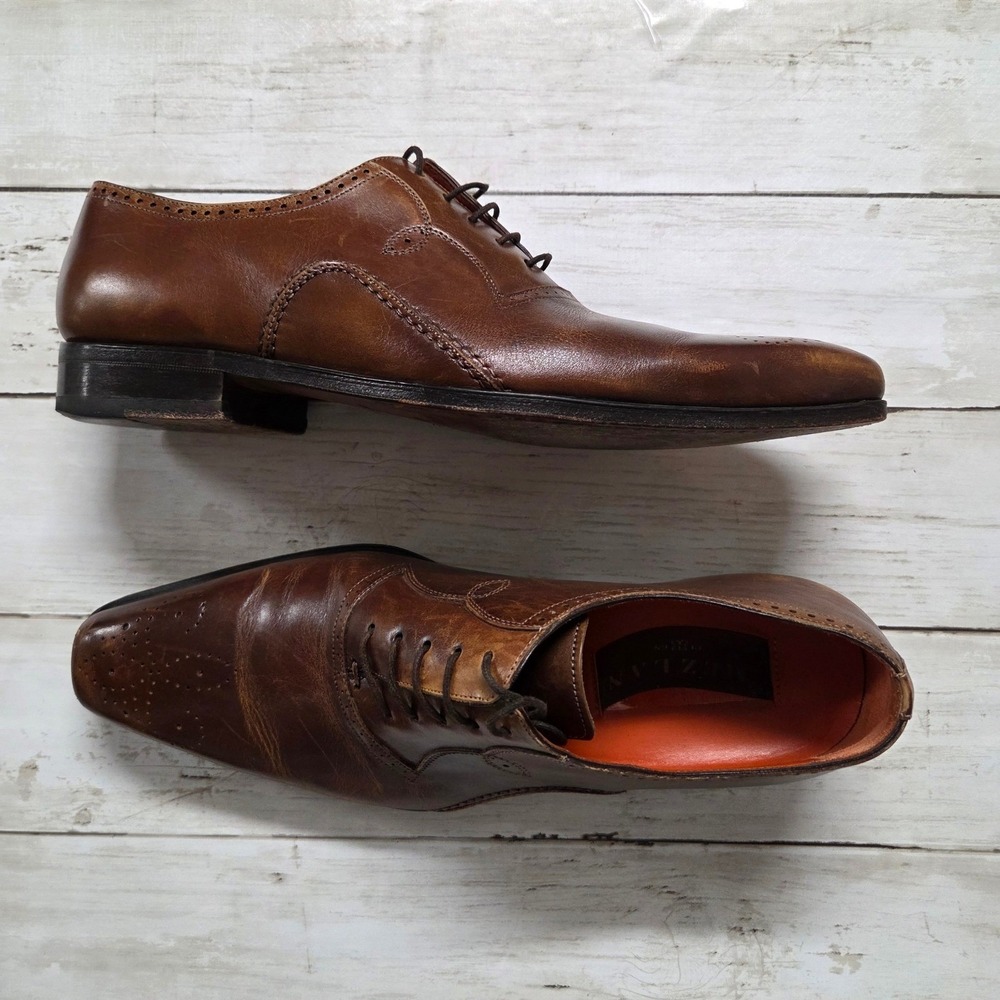 Mezlan Mens Cognac Brown Leather Medallion Toe Oxford Dress Shoes Spain Sz 8M